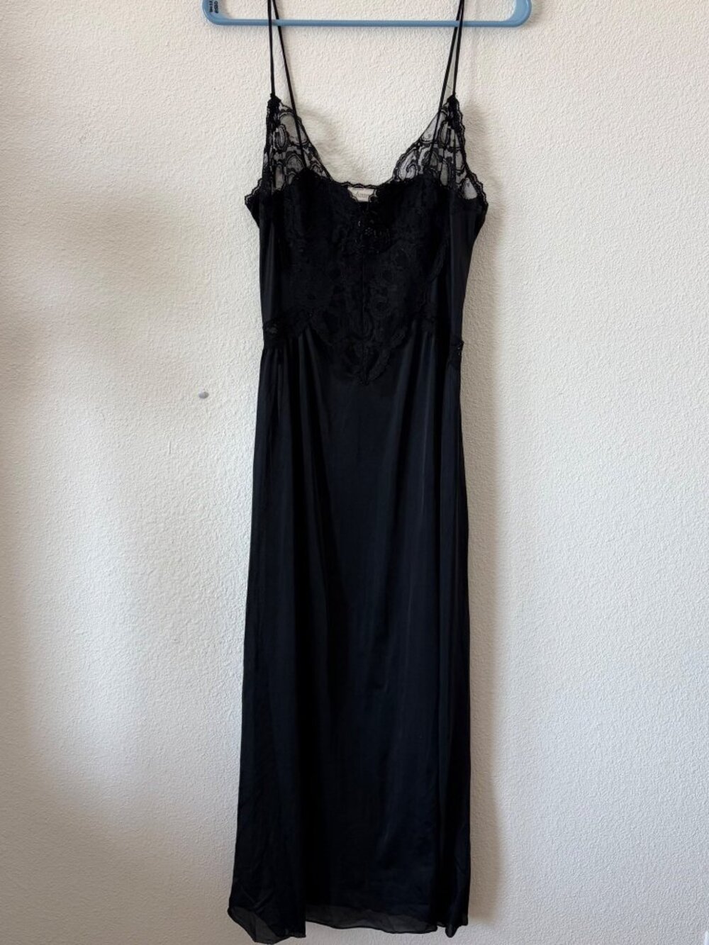 Vintage Adonna Black Lace Nylon Full Slip Nightgown Womens Medium USA 90s FLAW